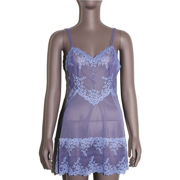 Wacoal Blue Sheer Mesh Floral Bodycon Short Slip Dress Lingerie Medium - Picture 1 of 3